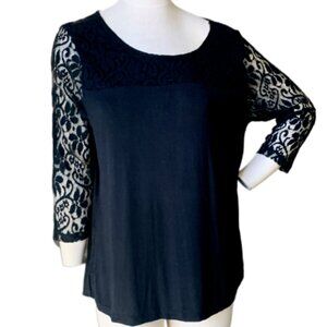 Lane Bryant Lace Accent 3/4 Sleeve Pullover Top Plus Sz 14/16 Black 73B